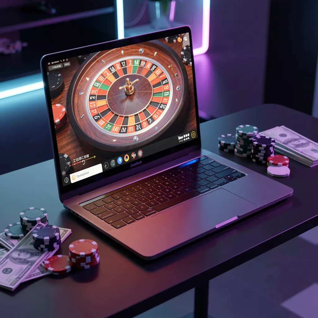 Stylish online roulette scene on a laptop with poker chips and cash under moody lighting representing premium online casino play at 10OK in Bangladesh