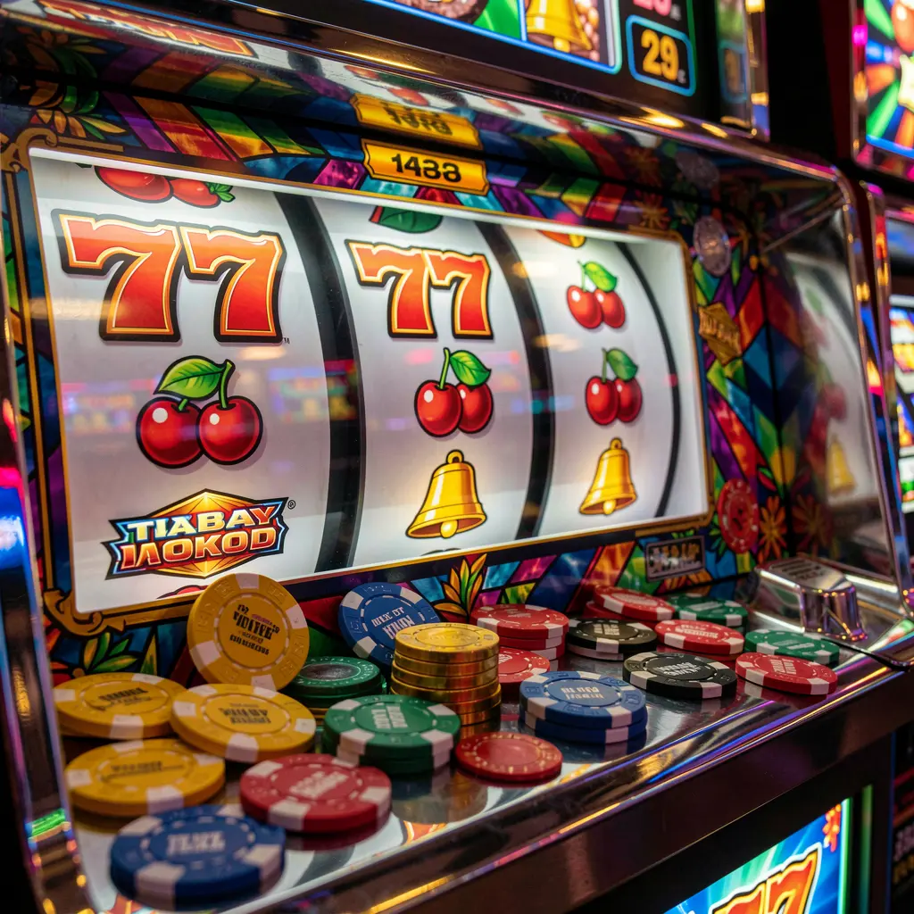 Classic casino slot machine with triple seven symbols and golden bells surrounded by glowing coins representing premium slot gameplay at 10OK for players in Bangladesh